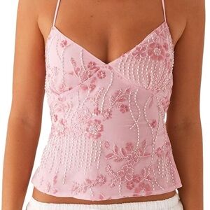Y2K Pink Beaded Floral Cami Top